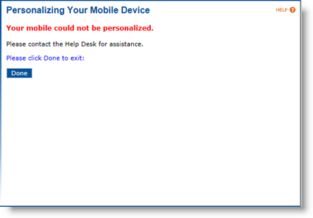 User portal page for Personalizing Your Mobile Device with a message that your device was not personalized and a Done button